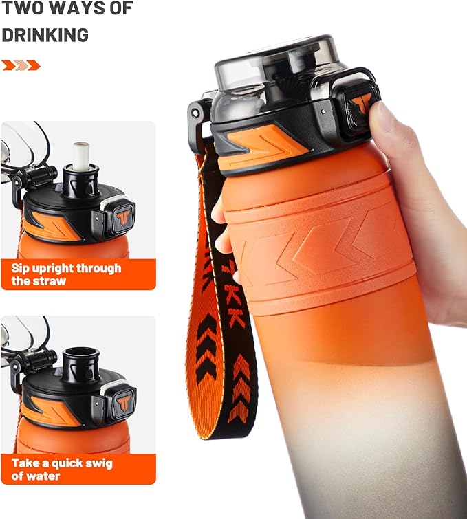 TKK Sports Water Bottles with Removable Straw 34 oz Leak-proof Flip Top Lid BPA Free Tritan Bottles with Strap for School, Fitness, Gym, Outdoor, Orange-Black