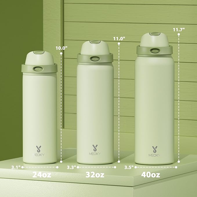 24 oz Insulated Water Bottle with Straw: Meoky Stainless Steel Metal Water Bottle with 2-in-1 Lid - Leak Proof, Cold for 24 Hours, Protective Silicone Base, BPA-Free for Sports Travel Car, Sage