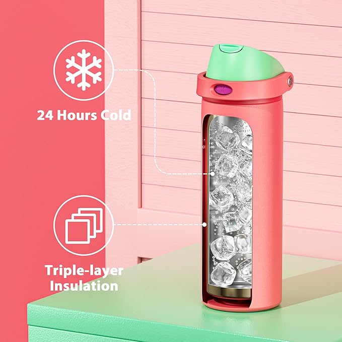 24 oz Insulated Water Bottle for Women: Meoky Stainless Steel Water Bottle with 2-in-1 Straw Lid - Leak Proof, Cold for 24 Hours, Fits in Car Cup Holder, BPA-Free for Sports Travel, Strawberry Field