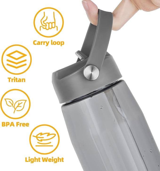 OLDLEY 32 oz Water Bottle with Straw, Leakproof Sports Water Bottle with Carry Strap, BPA-Free Large Water Bottles for Home,Travel, School, Outdoors, Gym, Tritan, Gray
