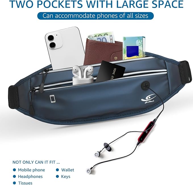 HiRui Slim Fanny Pack for Men Women, Adjustable Exercise Waist Pack Reflective Running Belt for Sports Workout Cycling Hiking, Casual Hands-Free Wallets Phone Bag Fits All Phones (Navy Blue)