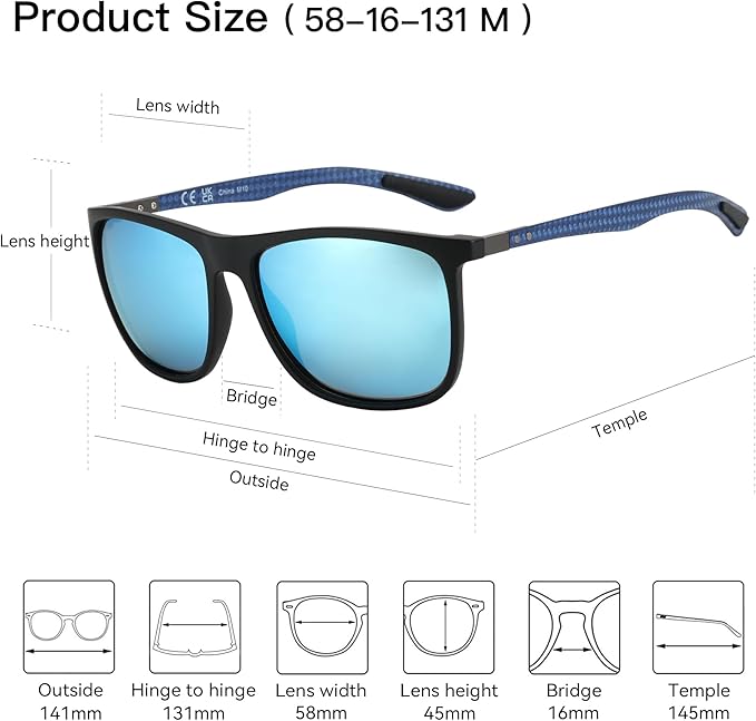 ZENOTTIC Square Polarized Sunglasses for Men Ultralight Carbon Fiber Sun Glasses Driving Fishing Golf Sports UV400 Protection