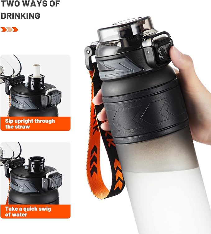 TKK Sports Water Bottles with Removable Straw 34 oz Leak-proof Flip Top Lid BPA Free Tritan Bottles with Strap for School, Fitness, Gym, Outdoor, Black-White
