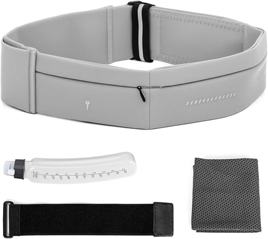 Lsnisni Slim Running Belt for Men and Women, Running Waist Pack with Water Bottle & Towel, Multi Pocket Fanny Pack - Phone Holder, Adjustable for Running, Climbing - Medium - Grey