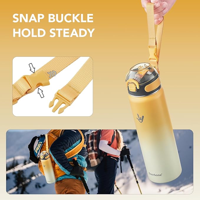 Enerbone 24 oz Insulated Water Bottle, Stainless Steel Bottle with Carrying Strap, Double-Wall Vacuum Insulation Design, Leakproof Sports Bottle with Straw, Keep Drinks Cold or Hot for Hours