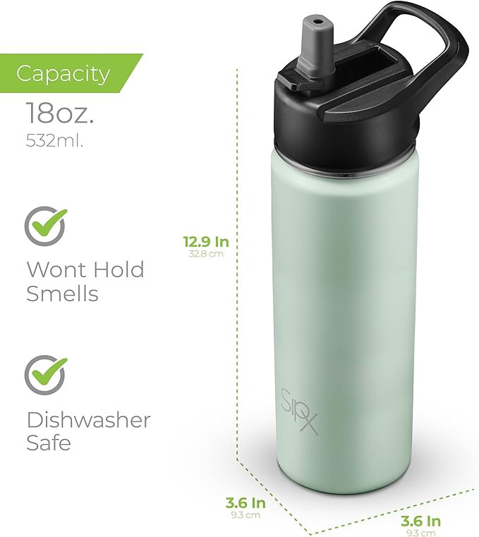 SipX™ 18 oz Insulated Water Bottle with 3 Lids – Leakproof Stainless Steel, Triple Insulated – Cold 24 Hours/Hot 12 Hours – Durable Bottle for School, Gym, Travel – Green