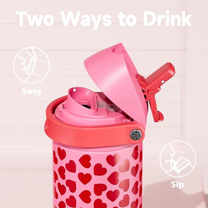 24 oz Valentine's Day Water Bottle: Meoky Stainless Steel Heart Water Bottle with 2-in-1 Straw and Spout Lid - Leak Proof, Fits in Car Cup Holder, Valentines Day Gifts for Her Women Wife Girls, Lovie