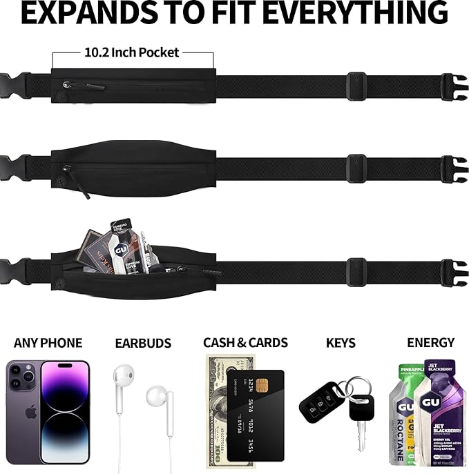 USHAKE Slim Running Belt for Women Men-Runners Phone Holder Fanny Pack, Adjustable, Bounce Free Waist Pouch bag for Workout, Money Belt, Run Gear Accessories Black Nude