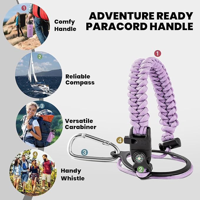 Insulated Water Bottle 32 oz, Triple Wall Vacuum Stainless Steel (Cold for 48 Hrs), Leak Proof & Non-BPA, Modern Water Flask Jug with Paracord Handle & Straw Spout Lids, Lilac