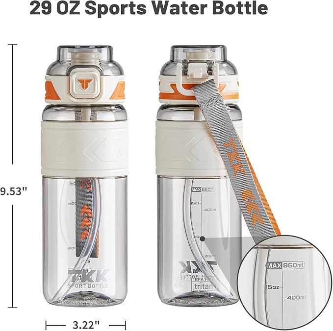 TKK Sports Water Bottles with Removable Straw 29 oz Leak-proof Flip Top Lid BPA Free Tritan Bottles with Strap for School, Fitness, Gym, Outdoor, White