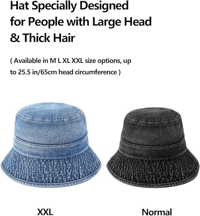 Zylioo XXL XL L M Denim Bucket Sun Hat,Oversized Jean Fisherman Hats,Adjustable Packable Summer Travel Hats