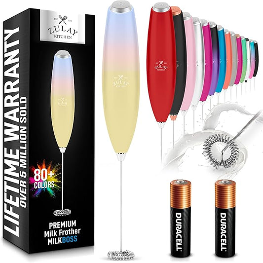 Zulay Kitchen Milk Frother Wand (2 Batteries Included) - Easy-Clean Drink Mixer - Electric Coffee Frother for Frappe, Matcha & Mimosa