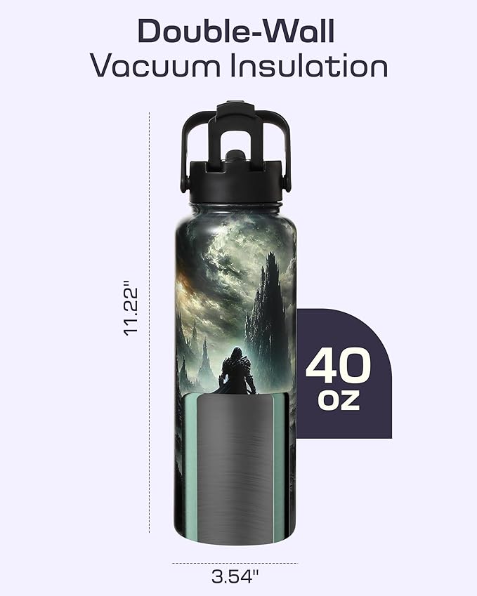 Insulated Water Bottle 40 oz –Hot and Cold Coffee Travel Drinks, Leakproof Sports Gaming & Gym Bottles, Large and Small Reusable Stainless Steel Flask with Straw – Shadowlands Odyssey