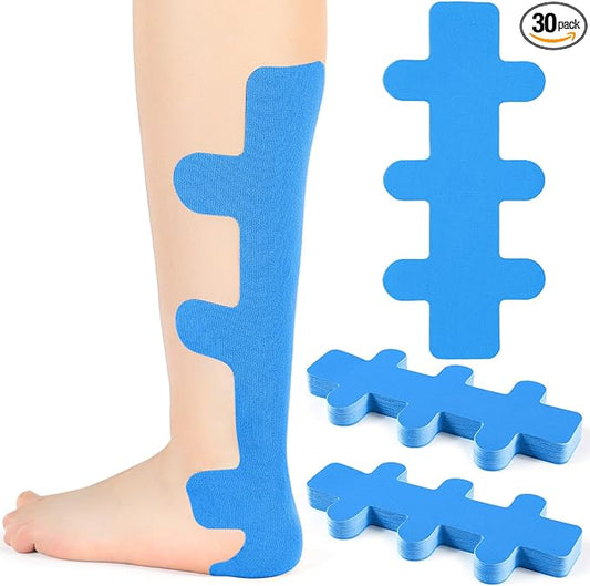 30 Pcs Achilles Tendonitis Kinesiology Tape Precut Achilles Tendon Ankle Tape Latex Free for Sprained Ankle Relief Muscle Support Foot Pain Athletic Sport(Blue)