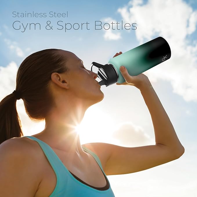 SIPX™ 40 oz Insulated Water Bottle with 3 Lids – Leakproof Stainless Steel, Triple Insulated – Cold 24 Hours/Hot 12 Hours – Durable Bottle for School, Gym, Travel – Gradient Mint Black