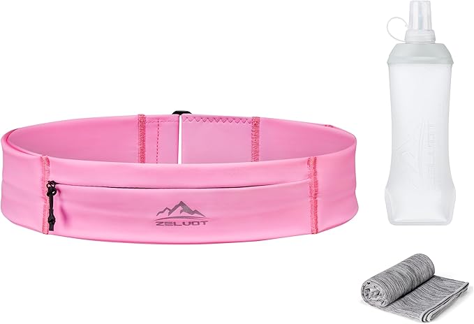 Running Belt with 400ml Soft, Adjustable Running Fanny Pack with Phone Holder and Gym Towel, Waterproof Belt Bag for Women Men for Jogging Hiking Marathon (Pink, Medium)