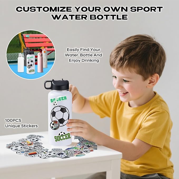 Soccer Water Bottles for Boys 32 oz and 100 PCS Soccer Stickers Sports Insulated Stainless Steel Water Bottle Accessories Stuff Gear Gifts For 8-12 12-14 Player