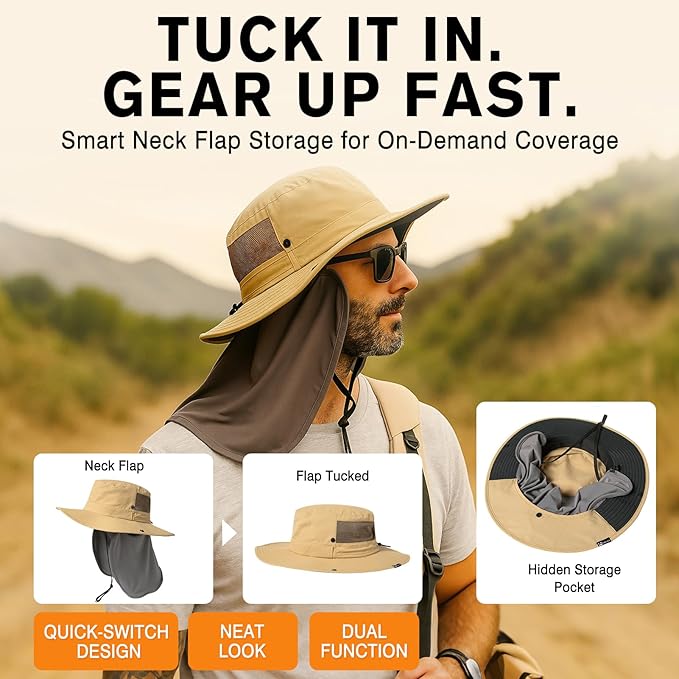 TOP-EX L/XL/XXL UV Protection Mens Sun Hat with Cooling Neck Flap Sunglass Lock Wide Brim Fishing Hats Waterproof & Packable