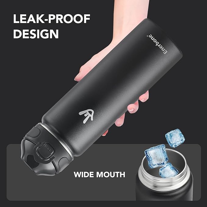 Enerbone 24 oz Insulated Water Bottle, Stainless Steel Bottle with Carrying Strap, Double-Wall Vacuum Insulation Design, Leakproof Sports Bottle with Straw, Keep Drinks Cold or Hot for Hours