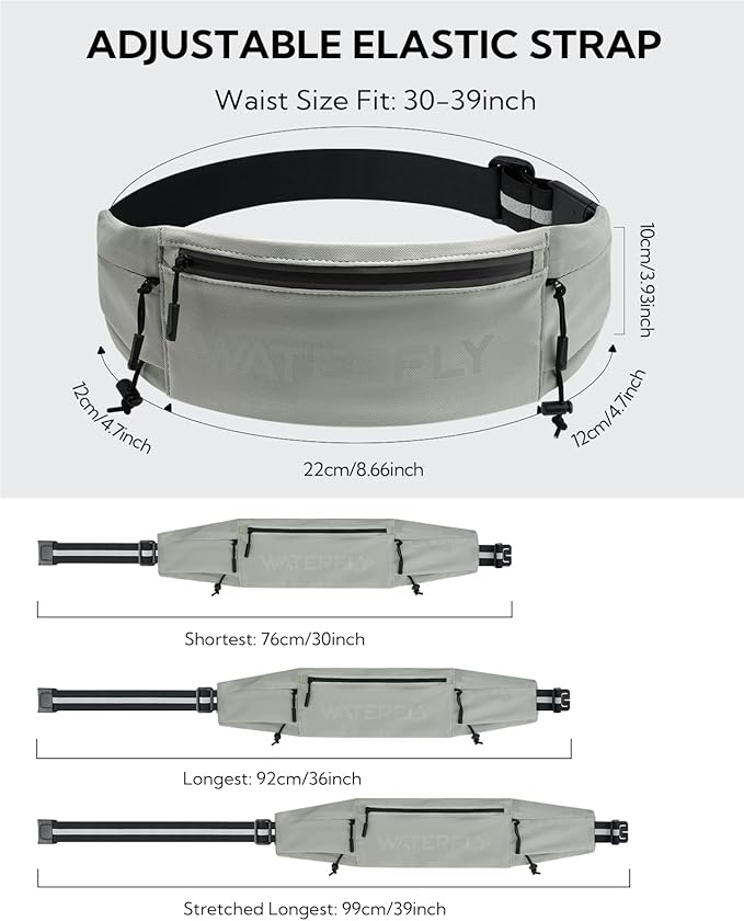 WATERFLY Running Belt Fanny Pack: Breathable 3 Pocket Waist Bag for Men Women Workout Exercise Fitness Phone Holder Fits All Phones - Runner Marathon Jogging Race Belt with Bib Clip Gray