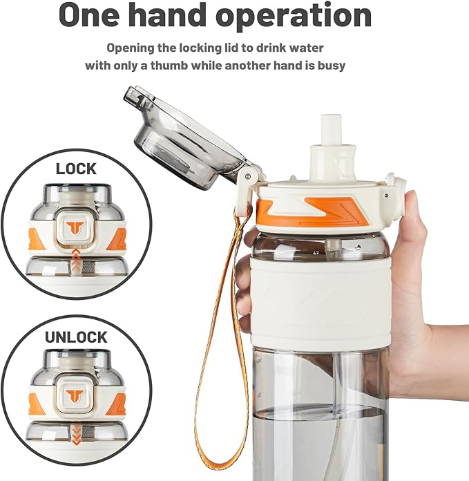 TKK Sports Water Bottles with Removable Straw 34 oz Leak-proof Flip Top Lid BPA Free Tritan Bottles with Strap for School, Fitness, Gym, Outdoor, White