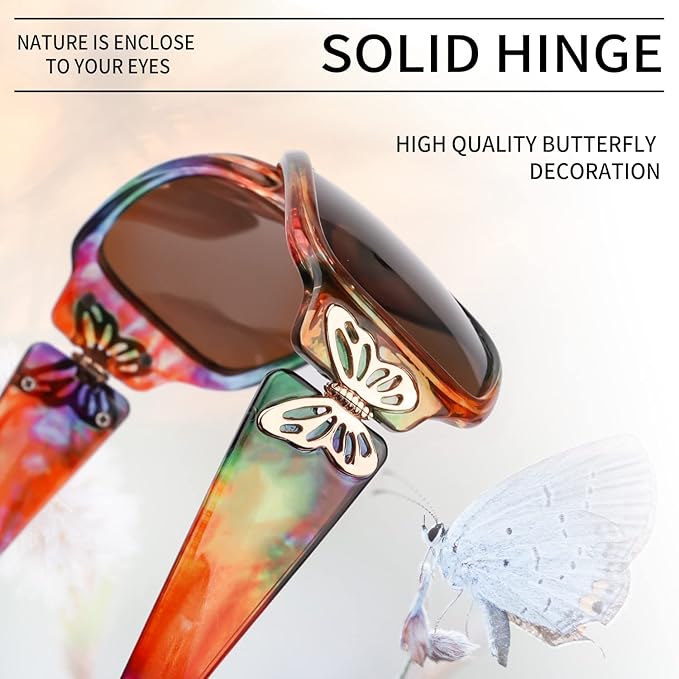 IGnaef Polarized Sunglasses for Women, Trendy Wrap Around Jackie-O Style with Butterfly Decoration IF022