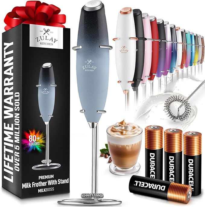 Zulay Powerful Milk Frother (4 Duracell Batteries Included) - Handheld Milk Frother Wand Drink Mixer for Coffee - Powerful Milk Foamer for Cappuccino, Frappe, Matcha & Coffee Creamer - Storm