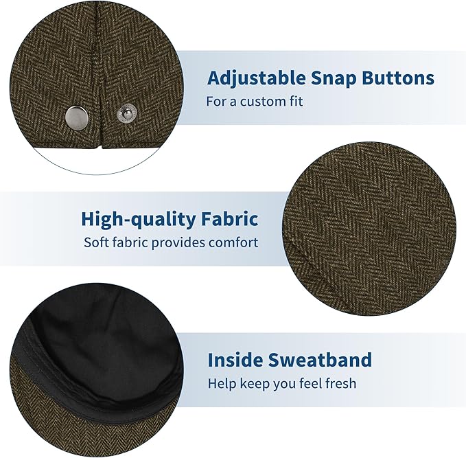 Men's Newsboy Cap Wool Blend Classic Herringbone Tweed Flat Caps Gatsby Cabbie Hats Ivy Irish Hat