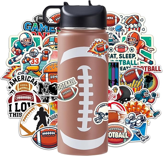 Football Water Bottles for Boys 18 oz and 100 PCS Football Stickers Sports Insulated Stainless Steel Water Bottle Footballs Accessories Stuff Gear Gifts For 8-12 12-14 Player