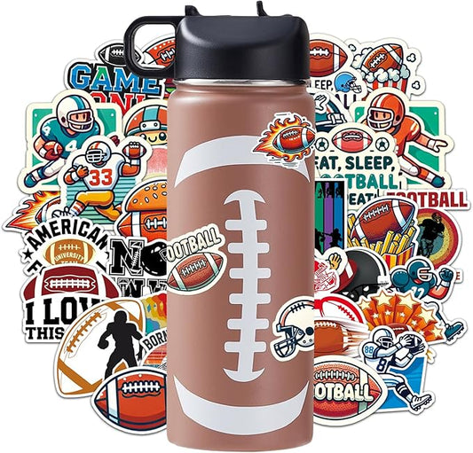 Football Water Bottles for Boys 18 oz and 100 PCS Football Stickers Sports Insulated Stainless Steel Water Bottle Footballs Accessories Stuff Gear Gifts For 8-12 12-14 Player