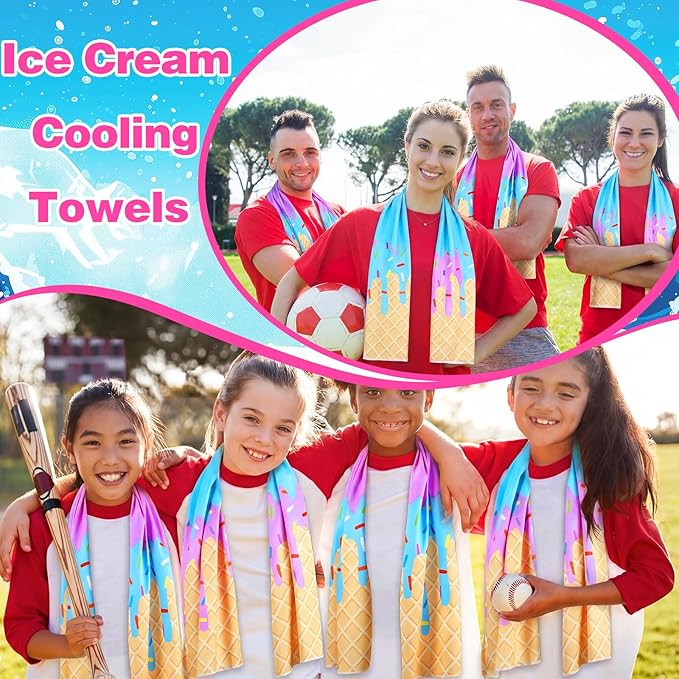 12pcs Baseball Ice Cream Drip Cooling Towels 40"x12" Microfiber Cooling Towels Sweat Absorbent Chilly Washcloth Baseball Team Gift Party Favor for Hot Weather Yoga Gym