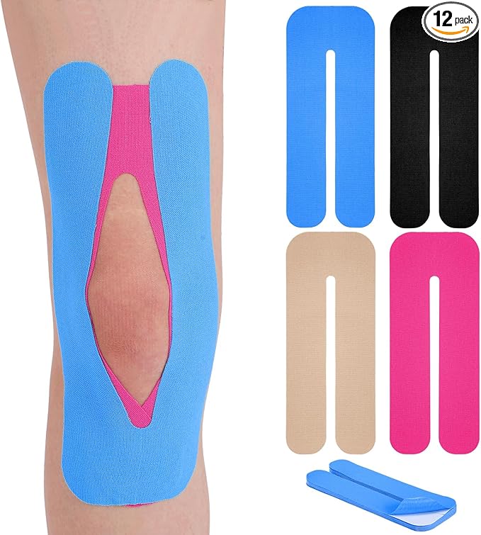 12 Pcs Precut Kinesiology Tape for Knees Waterproof Sport Knee Tape Elastic Breathable Latex-Free Athletic Tape Knee Pain Relief Tape for Knee Tendons Support Strips Fitness (Blue)