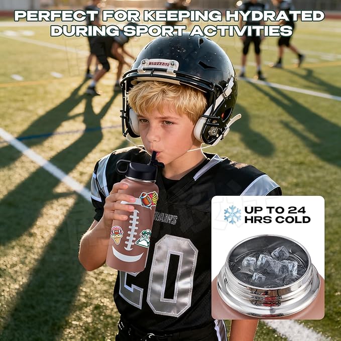 Football Water Bottles for Boys 32 oz and 100 PCS Football Stickers Sports Insulated Stainless Steel Water Bottle Footballs Accessories Stuff Gear Gifts For 8-12 12-14 Player