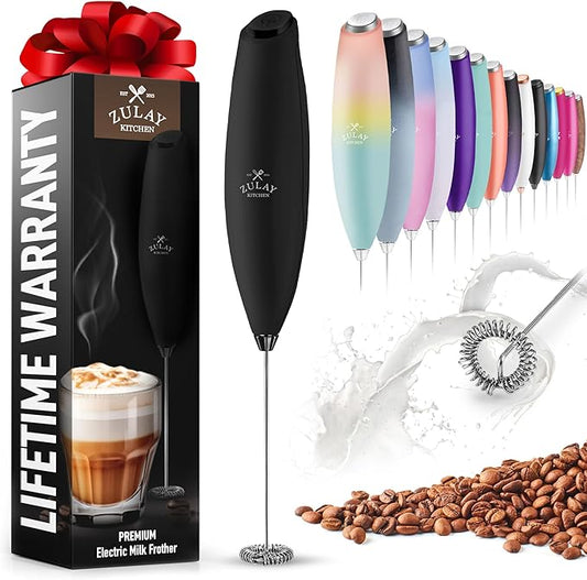 Zulay Powerful Milk Frother for Coffee with Upgraded Titanium Motor - Handheld Frother Electric Whisk, Milk Foamer, Mini Mixer & Coffee Blender Frother for Matcha, No Stand - Exec Black, Black Button