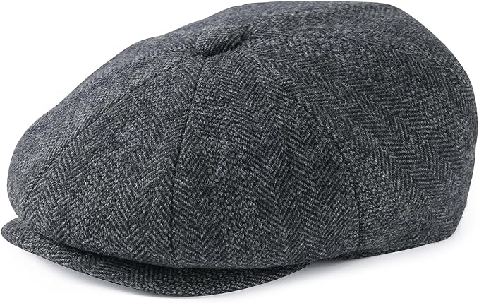 Men Wool Blend 8 Panel Newsboy Cap Tweed Cabbie Hat Snap Brim