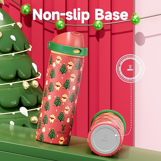 24 oz Christmas Insulated Water Bottle: Meoky Stainless Steel Water Bottle with Straw and Spout Lid - Leak Proof, Cold for 24 Hours, Fits in Car Cup Holder, Christmas Gifts for Women Men, Santa Deer