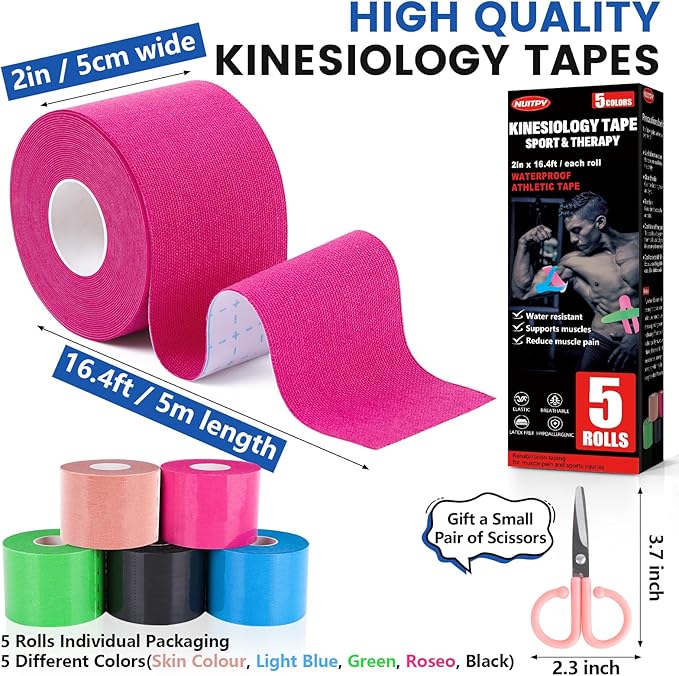 5 Rolls Kinesiology Tape, 5 Colors 2 inch x 16.4 Feet Waterproof Athletic Tape, Uncut Kinetic Tape, Elastic Muscle Tape, Sports Tape, Knee Tape for Exercise and Daily Use