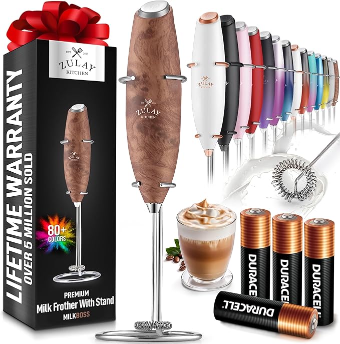 Zulay Powerful Milk Frother (4 Duracell Batteries Included) - Handheld Milk Frother Wand Drink Mixer for Coffee - Powerful Milk Foamer for Cappuccino, Frappe, Matcha & Coffee Creamer - Walnut