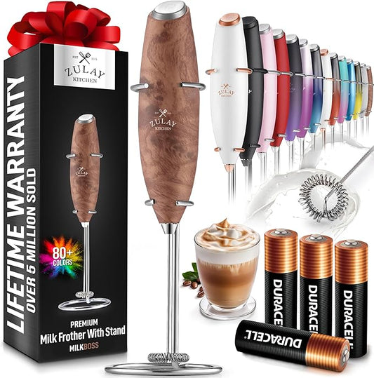 Zulay Powerful Milk Frother (4 Duracell Batteries Included) - Handheld Milk Frother Wand Drink Mixer for Coffee - Powerful Milk Foamer for Cappuccino, Frappe, Matcha & Coffee Creamer - Walnut
