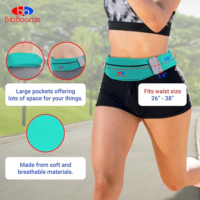 BibBoards Running Belt, Turquoise | No-Bounce, Water & Sweat-Resistant Fanny Pack for Phone, Keys, Cards | Adjustable Waist 38”-48” | Lightweight for Running, Cycling, Hiking, Marathons and Races