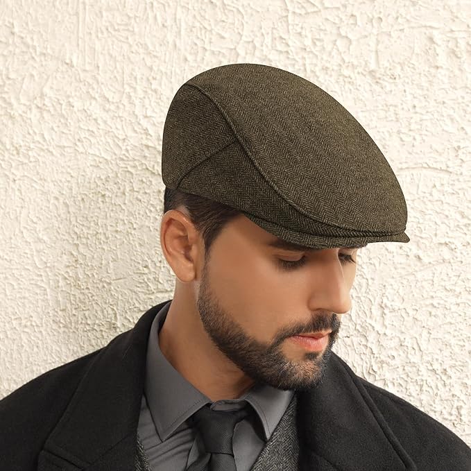 Men's Newsboy Cap Wool Blend Classic Herringbone Tweed Flat Caps Gatsby Cabbie Hats Ivy Irish Hat
