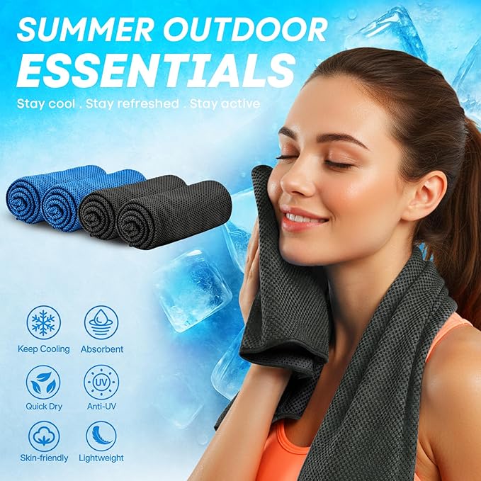 4 Pack Cooling Towels (40"x 12"), Soft Breathable Gym Towels, Outdoors Ice Towel for Neck and Face, Camp Essentials Microfiber Sweat Towels for Gym, Run, Yoga, Workout, Travel, Climb