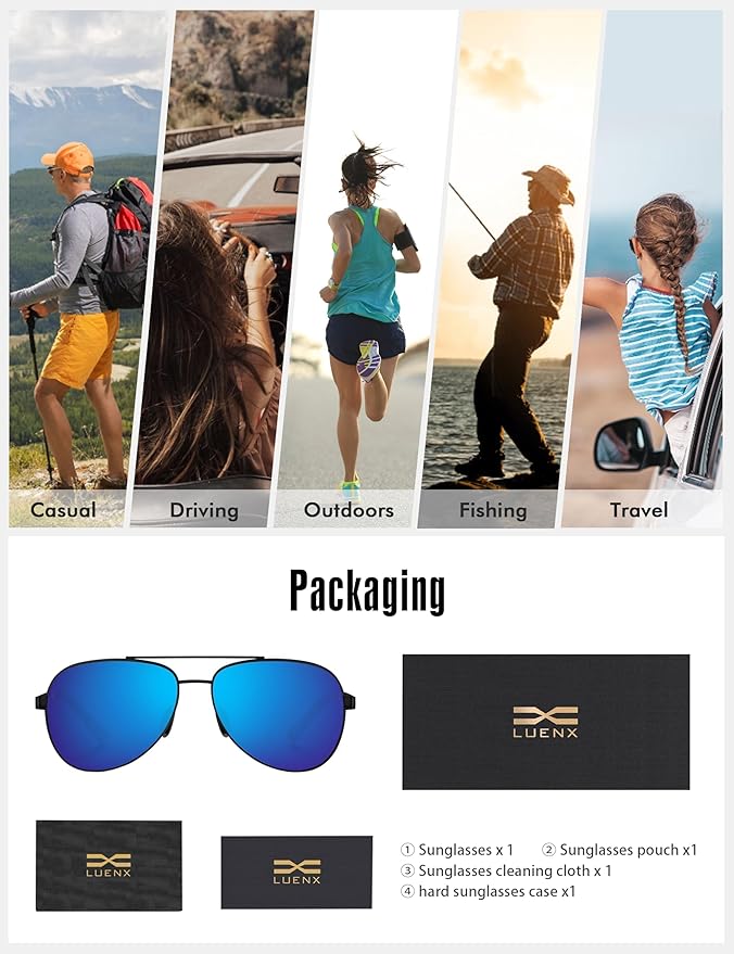 LUENX Aviator Sunglasses for Men Women Polarized - UV400 Protection, Stylish Shades, Driving, Outdoor Activities