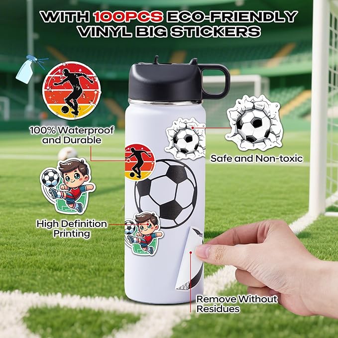Soccer Water Bottles for Boys 18 oz and 100 PCS Soccer Stickers Sports Insulated Stainless Steel Water Bottle Accessories Stuff Gear Gifts For 8-12 12-14 Player