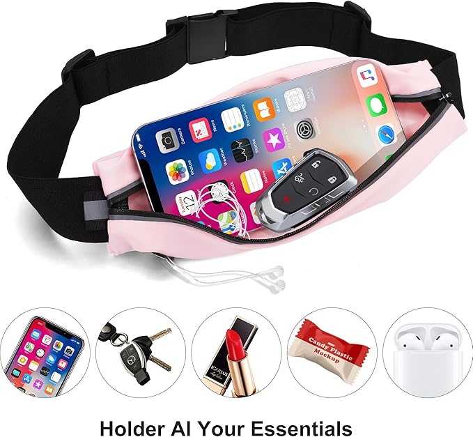 Slim Running Belt For Men and Women Waist Fanny Pack Phone Holder Pouch Bag Reflective Zipper Pocket Workout Cycling Fitness Light Pink