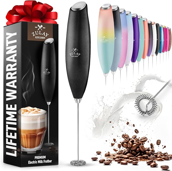 Zulay Powerful Milk Frother for Coffee with Powerful Motor - Handheld Frother Electric Whisk, Milk Foamer, Mini Mixer and Coffee Blender Frother for Latte, Matcha, No Stand - Metallic Black