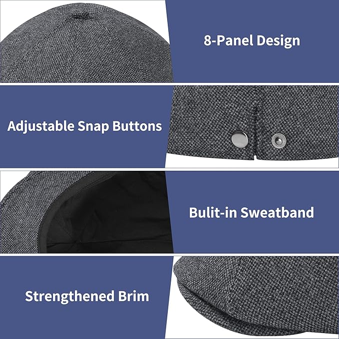 Men's Wool Blend Newsboy Cap Adjustable Gatsby Ivy Newsies Cabbie Hat Classic 8 Panel Tweed Flat Winter Hat