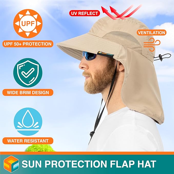 SUN CUBE Wide Brim Sun Hat with Neck Flap, UPF50+ Hiking Safari Fishing Hat for Men Women, Sun Protection Beach Hat
