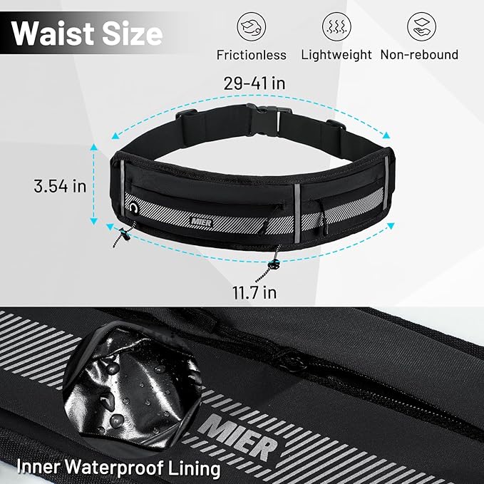 MIER Running Belt for Men Women Slim Fanny Pack Phone Holder Jogging Pouch with Marathon Bib Clip Runner Waist Pack for Walking Cycling for Keys, Cards & Essentials (Black)