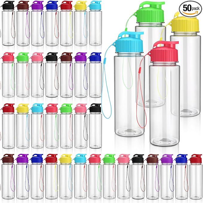 Domensi 50 Pieces Plastic Water Bottle Bulk 17 oz Sports Adults Reusable Large Water Bottles with Leak Proof Flip Top for Adults Fitness(Multicolor)